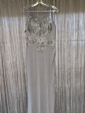 Silver Beaded Sheer Yoke Prom Gown